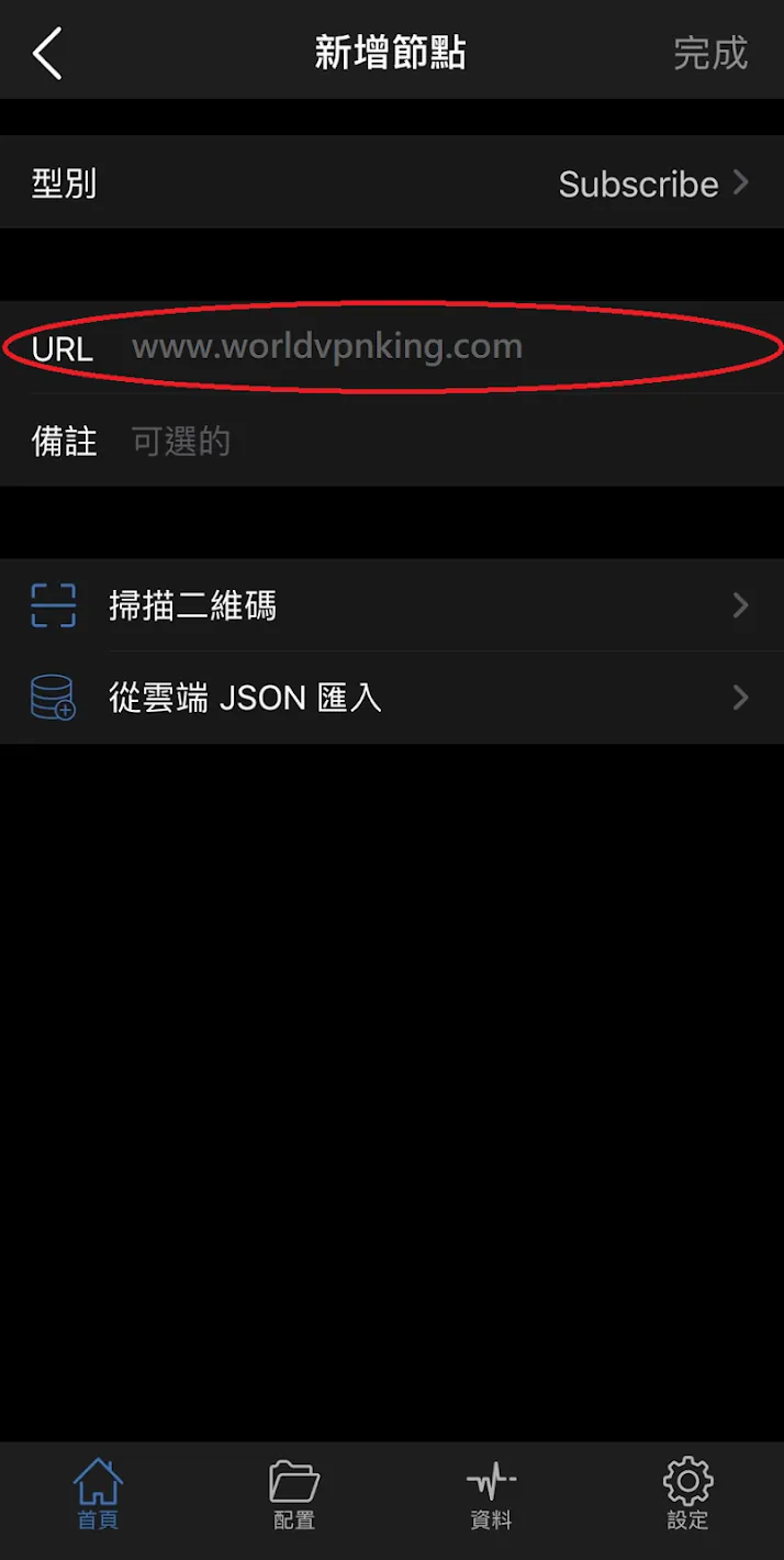 URL 貼上專屬伺服器設定檔網址 畫面